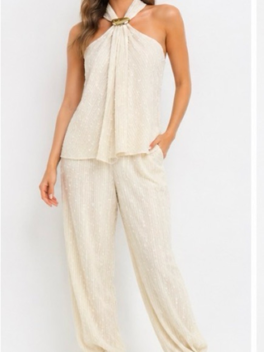 GALITA NWT Ivory Textured Halter Top Tie Ankle Pants 2 Piece Set Small